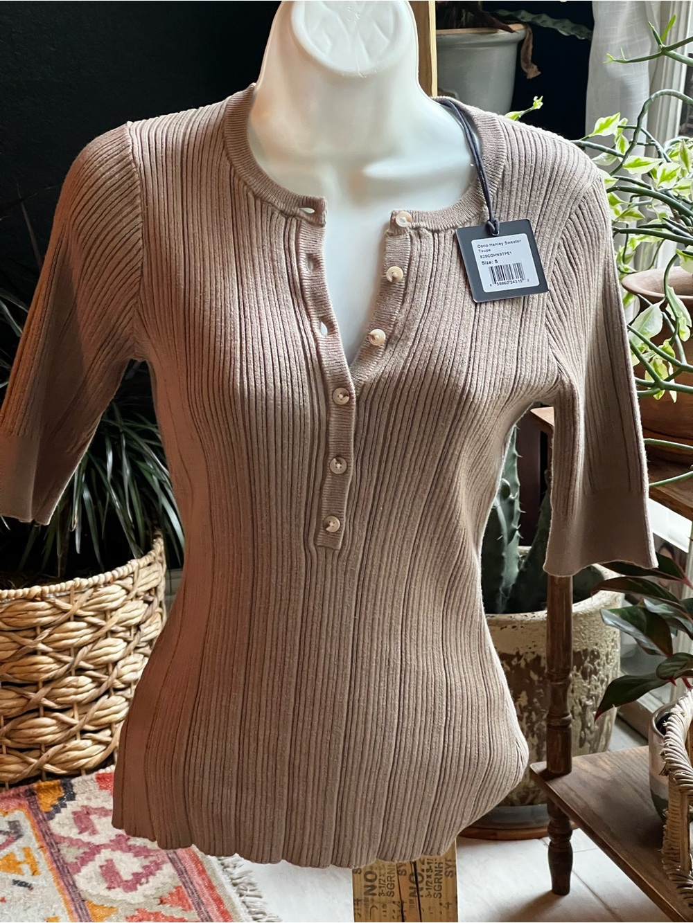 The Normal Brand Ribbed Henley Top - Beige Taupe